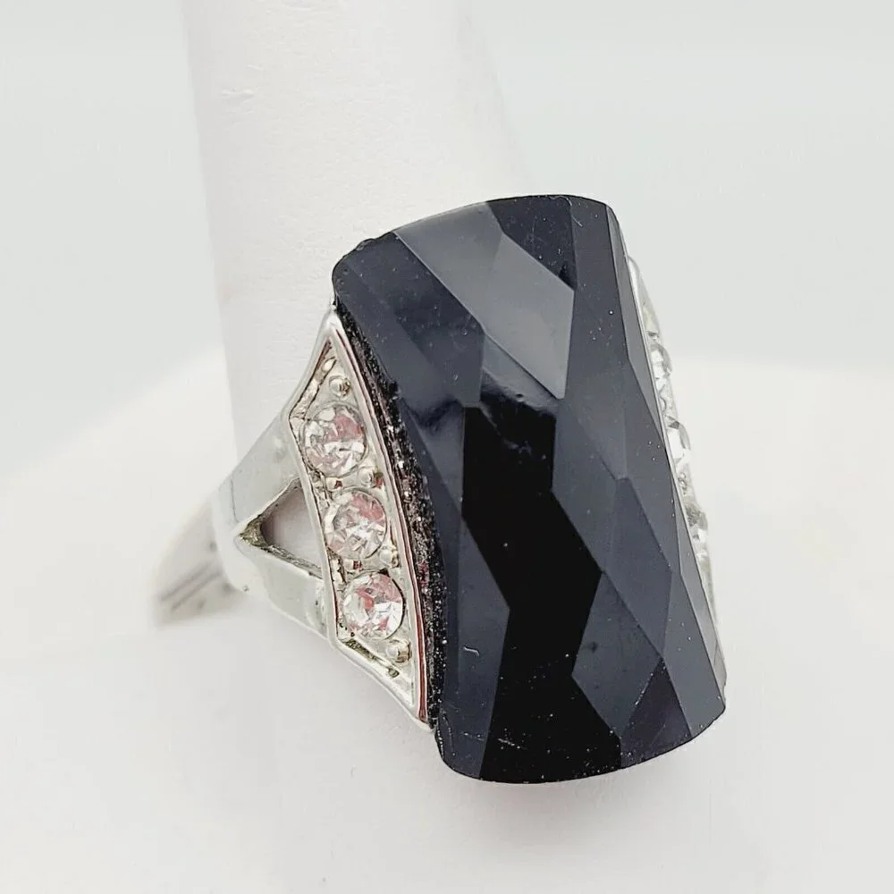 Domed Black Faceted Glass & Rhinestone Statement Ring Sz 9 Silver Tone Rectangle